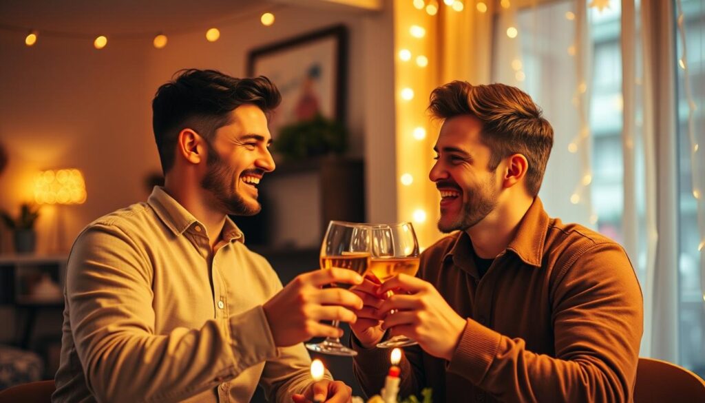 Zwei Freunde stoßen mit Gläsern auf einen Geburtstag an