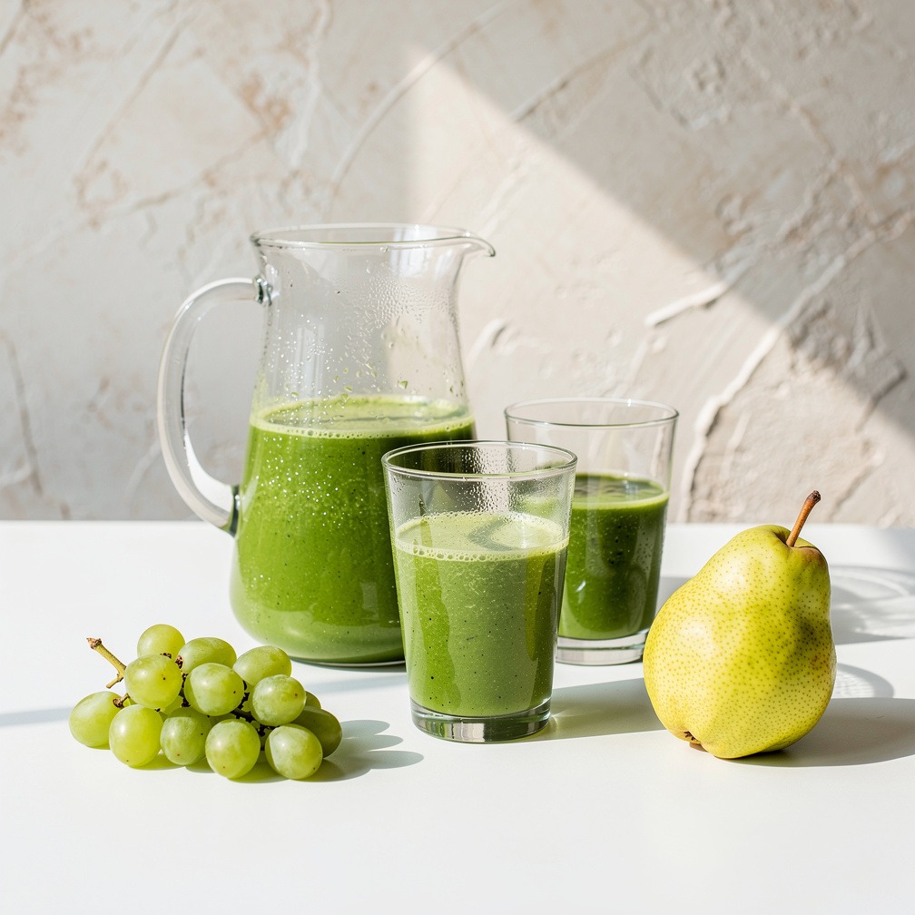 Grüner Smoothie mit Blattspinat und Birne Die samtige Süße der Birne trifft auf milden Blattspinat. Ein herrlich cremiges Rezept, das perfekt für Einsteiger geeignet ist.