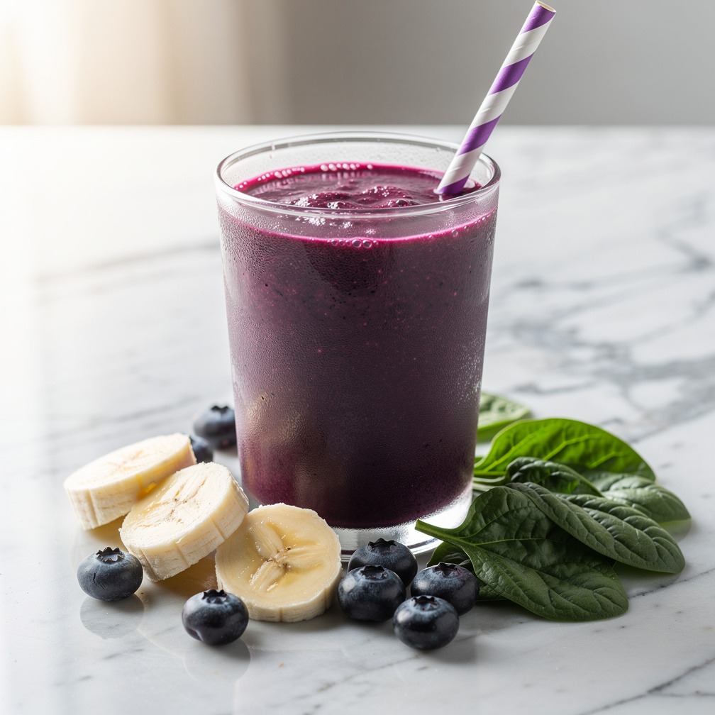 Grüner Smoothie mit Spinat, Banane & Beeren Erlebe die perfekte Mischung aus cremiger Süße und fruchtiger Frische